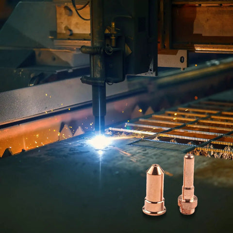 Plasma cutter in action with sparks, showcasing 20 Pack Plasma Cutter Consumables For Eastwood Versa Cut 60A Torch CB70 setup.