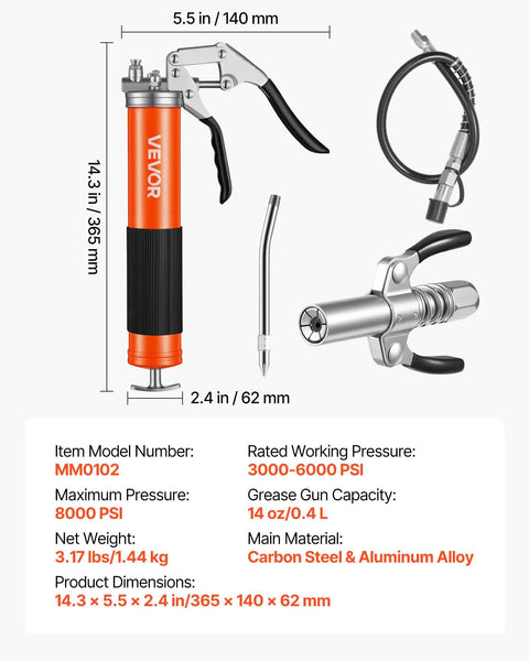 Heavy Duty 8000 PSI Grease Gun Kit With Pistol Grip, 14 oz Capacity, 18 Inch Flex Hose, Double Handle Coupler, Extension Pipe