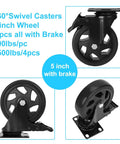 5 Inch Heavy Duty Caster Wheels Set Four Pack With 1800 Lbs Total Capacity And Steel Frame Top Plate Durable Plate Casters With Double Ball Bearings Lockable Swivel Quiet Rubber Wheels And Safety Brakes Includes 16 Screws