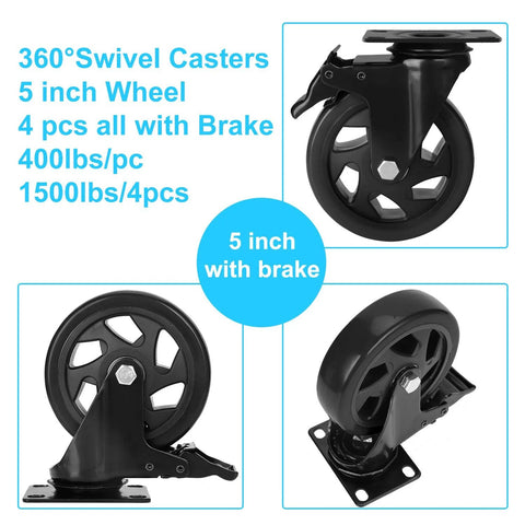 5 Inch Heavy Duty Caster Wheels Set Four Pack With 1800 Lbs Total Capacity And Steel Frame Top Plate Durable Plate Casters With Double Ball Bearings Lockable Swivel Quiet Rubber Wheels And Safety Brakes Includes 16 Screws