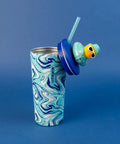 Two Pack 20 Oz Stainless Steel Tumbler With Pop Topper And Straw Interchangeable Character Topper For Your Personal Style BPA Free Insulated Cup With Leak Resistant Lid Vacation Marble Design Reusable Travel Cup