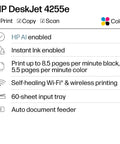 DeskJet 4255e Wireless All-In-One Color Inkjet Printer features list including AI, Instant Ink, Wi-Fi, print speeds, and tray size.