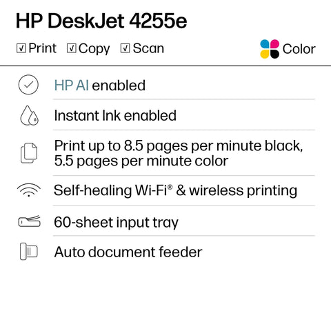 DeskJet 4255e Wireless All-In-One Color Inkjet Printer features list including AI, Instant Ink, Wi-Fi, print speeds, and tray size.
