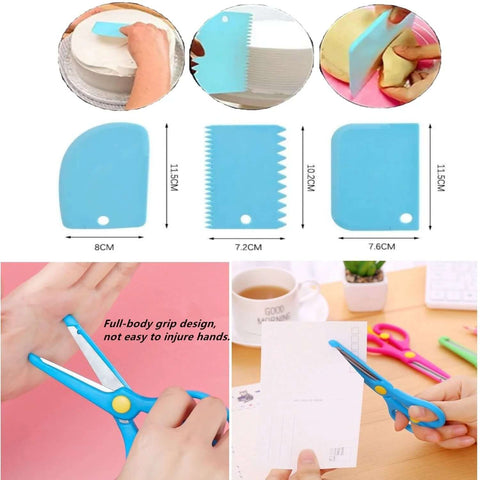 Higoney 17-piece kids kitchen set: blue plastic toddler-safe scissors, crinkle cutter, serrated knife, cutting board.