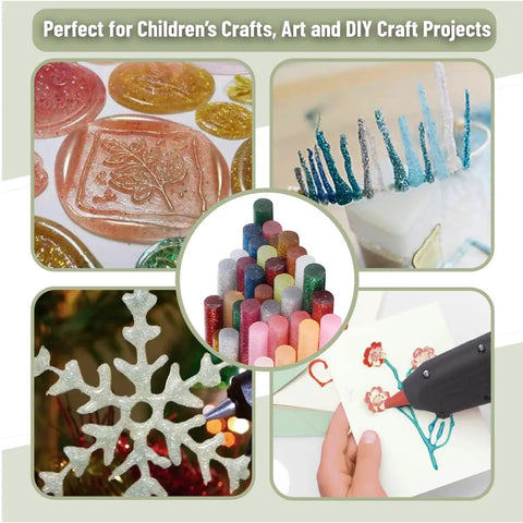 Hot Glue Gun Sticks Pack 60 Count Mini 4 Inch Sticks For DIY Projects Clear Dual Temp Non Toxic Works On Wood Metal Glass Cardboard Paper And More Ideal For Crafting And School Projects used for various craft creations.