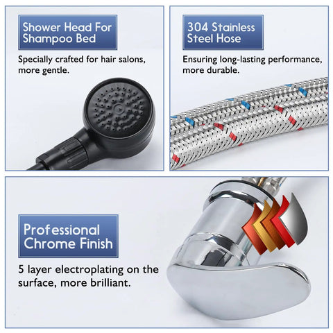 Pro Grade Brass Shampoo Bowl Faucet And Sprayer Kit For Salon Backwash Unit with chrome finish and steel hose details