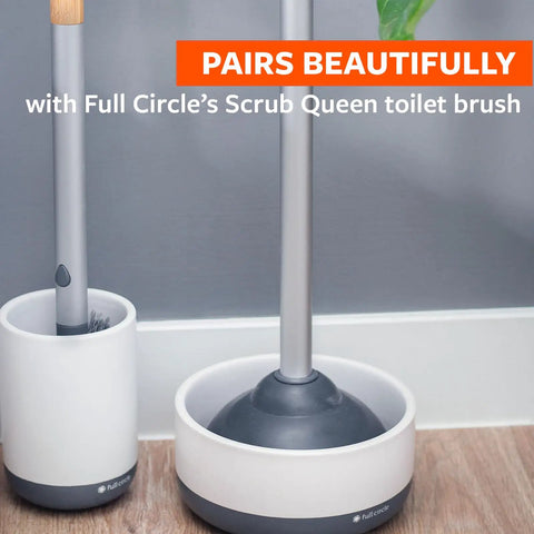 Game Changing Toilet Plunger With Ceramic Holder And Instant Dry Coating next to toilet brush in white ceramic holders