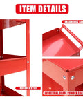Heavy Duty 3 Tier Service Cart On Wheels With Locking Brakes, 400 Pound Capacity, red steel shelves, ergonomic handle