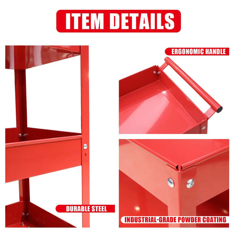 Heavy Duty 3 Tier Service Cart On Wheels With Locking Brakes, 400 Pound Capacity, red steel shelves, ergonomic handle