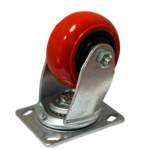 Heavy Duty 4 Inch Polyurethane Caster Wheels Set, vibrant orange wheel on metal mount for tool carts and workbenches.