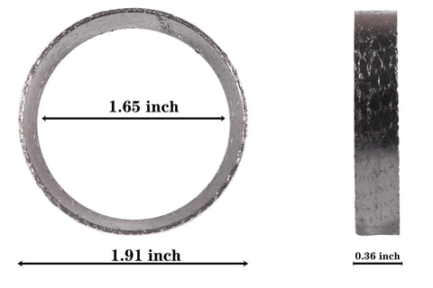 Harley exhaust gasket ring, graphite-steel mesh, 1.65 in ID, 0.36 in thick, front and side views.