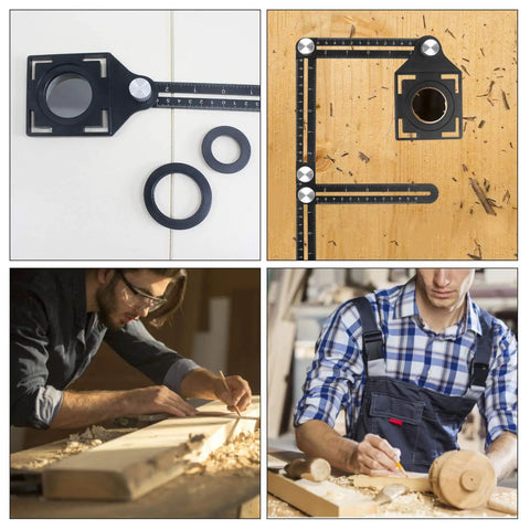 Pro Grade Aluminum Alloy Six Fold Ruler Angle Finder in use by builders, laser engraved scale, wear resistant, corrosion proof