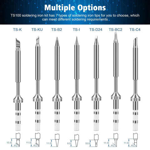 7 Types TS100 Soldering Iron Tips Replacement Kit showing seven stainless steel tips for mini digital soldering irons