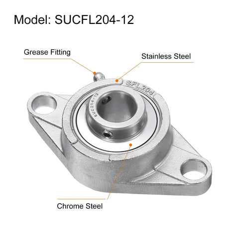 Two Pack Self Aligning Pillow Block Bearings 3/4 Inch Bore Base Mounted Chrome Steel With Stainless Housing Sealed And Built To Last Includes Key Wrench SUCFL204-12, stainless steel