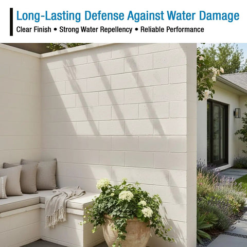 Tough As Nails Paint Sealer Spray For Indoor And Outdoor Use On Wood Concrete And Stone Dries Quick Waterproofer With UV protection, applied on a stone wall.