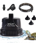 Low Water Level Drain Pump 243 GPH 26W Submersible with bottom suction, turtle, accessories scattered, black design