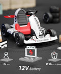 12V Battery Powered Kids Go Kart With Pedals, Dual Motor, Remote Control, shown in white with a red seat and racing cones nearby.