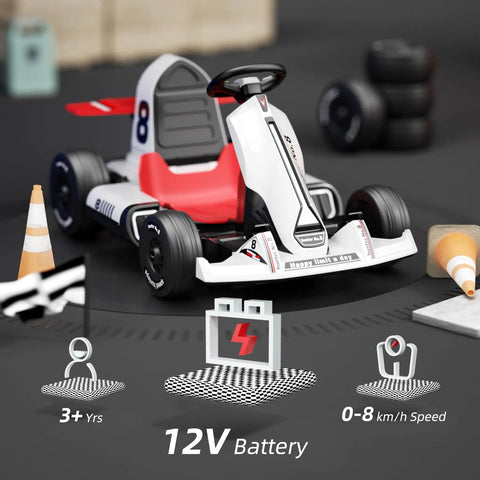 12V Battery Powered Kids Go Kart With Pedals, Dual Motor, Remote Control, shown in white with a red seat and racing cones nearby.