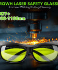 TRQWH laser safety glasses with black frame and yellow-green lenses; OD7+ 800–1100 nm eye protection