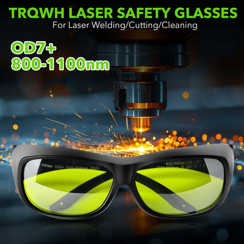 TRQWH laser safety glasses with black frame and yellow-green lenses; OD7+ 800–1100 nm eye protection