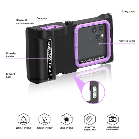 Third Gen Waterproof Diving Phone Case With Bluetooth 50 Feet Depth, showing black purple housing and features