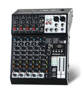 Six Channel Pro Audio Mixer With 99 DSP Effects, USB And Bluetooth Ready, front view showing controls and input jacks.