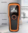 Advanced 5-In-1 Wall Scanner Stud Finder For Quick Dead-On Detection Of Wood Studs Metal Joists Pipes And Live Wires In Walls And Ceilings For DIYers And Pros Orange front view with labeled display and scan buttons