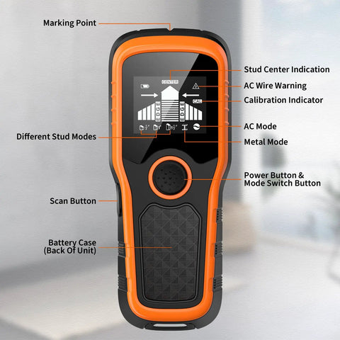 Advanced 5-In-1 Wall Scanner Stud Finder For Quick Dead-On Detection Of Wood Studs Metal Joists Pipes And Live Wires In Walls And Ceilings For DIYers And Pros Orange front view with labeled display and scan buttons