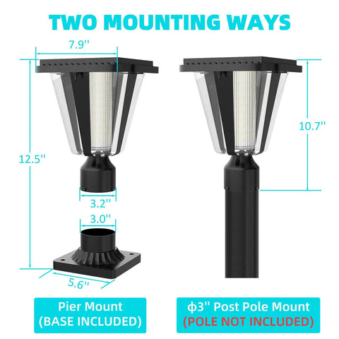 Solar Post Light Fixture 160LM Dusk To Dawn LED 3000K Warm Light With two mounting options shown, pier mount and post pole mount.