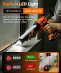 Cordless Caulking Gun Drip Free With LED Light, 4 Speed Settings, illuminating nozzle in dark space with charging indicators