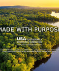 Aerial view of lush green forest labeled 'Made with Purpose', showcasing sustainably sourced USA hardwood for Wooden Baby Gate With Mesh For Doorways.