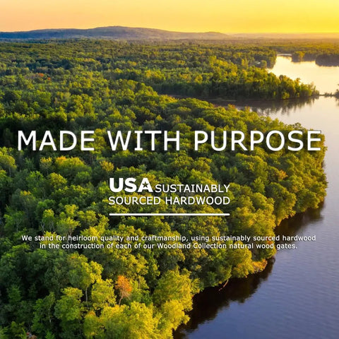 Aerial view of lush green forest labeled 'Made with Purpose', showcasing sustainably sourced USA hardwood for Wooden Baby Gate With Mesh For Doorways.