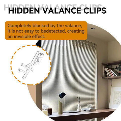 Clear Hidden Channel Valance Clips 1-7/8 Inch Set Of 22 For Wood And Faux Wood Blinds, heavy duty clip shown near window.