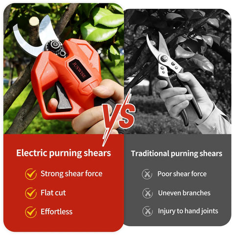 Image comparing cordless electric pruning shears with 2 inch cutting diameter LCD display to traditional pruning shears.
