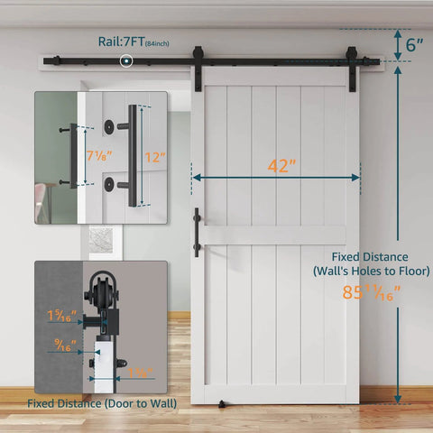 42 By 84 Inch Sliding Barn Door With Seven Foot Hardware Kit And Handle, Floor Guides, Pre Drilled Holes, Easy Assembly, Waterproof PVC Surface, H Frame, White Finish, DIY Friendly Installation Manual Included