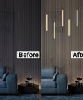 Before and after of room with Black LED Recessed Lighting Kit Dope Six Pack Sixteen Inch 3000K Dimmable Warm White Lights on wood slat wall.