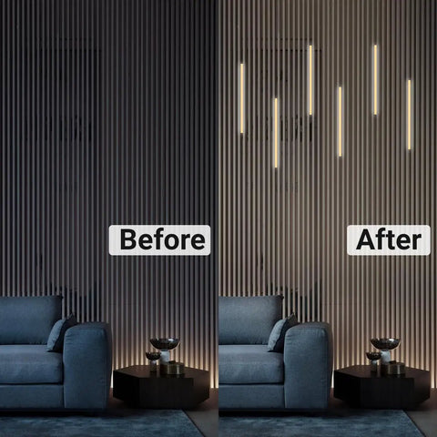 Before and after of room with Black LED Recessed Lighting Kit Dope Six Pack Sixteen Inch 3000K Dimmable Warm White Lights on wood slat wall.