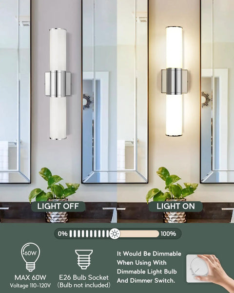 Two Light Vanity Lights With Milk Glass Shade In Chrome Finish Up And Down Wall Sconces For Bathroom Mirror Lighting On Off