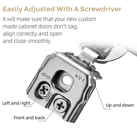 Close-up of 50 Pack 25 Pairs Soft Close Overlay Hidden Kitchen Cabinet Hinges Satin Nickel Stainless Steel Self Closing 35mm Cup with adjustment screws.
