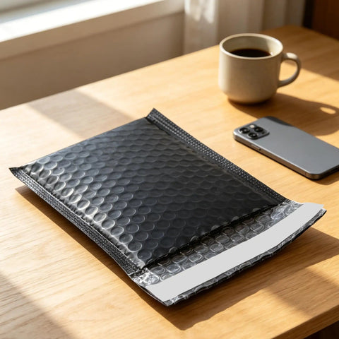 100 Pack 5 By 6 Inch Black Poly Bubble Mailers self seal padded envelope on a wooden table near a phone and coffee cup