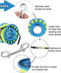 Close-up of Finger Reel Diving Gear with aluminum reel, 100 ft high-visibility line, double-ended bolt snap clip, scuba reel details.