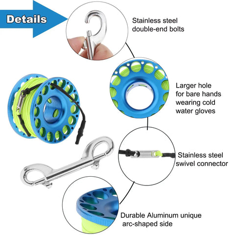 Close-up of Finger Reel Diving Gear with aluminum reel, 100 ft high-visibility line, double-ended bolt snap clip, scuba reel details.