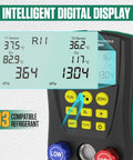 BELEY Digital HVAC manifold gauge set, front view with dual pressure and temperature display and yellow control buttons.
