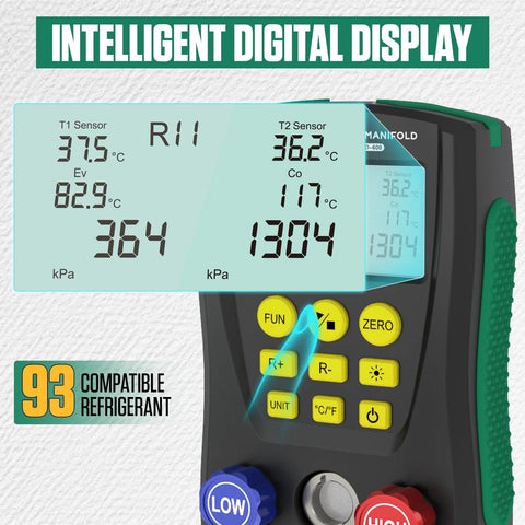 BELEY Digital HVAC manifold gauge set, front view with dual pressure and temperature display and yellow control buttons.