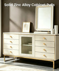 Brushed Gold Round Cabinet Knobs Set Of 10 Zinc Alloy Single Hole Drawer Pulls on modern dresser with mirror.