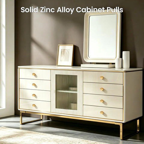 Brushed Gold Round Cabinet Knobs Set Of 10 Zinc Alloy Single Hole Drawer Pulls on modern dresser with mirror.