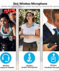 3in1 UHF Wireless Lavalier Microphone System with headset, lavalier, and handheld microphones shown in various settings