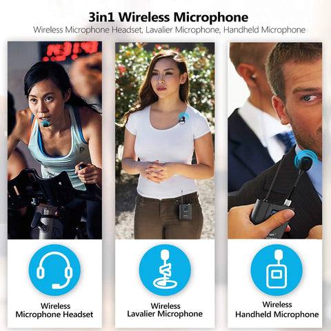 3in1 UHF Wireless Lavalier Microphone System with headset, lavalier, and handheld microphones shown in various settings