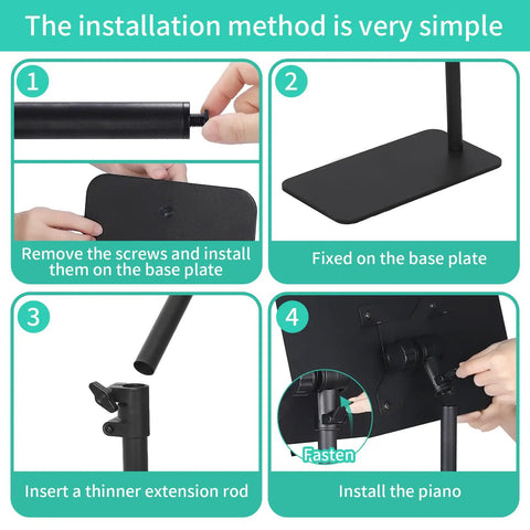 Step-by-step assembly of the Adjustable Metal Music Stand With Phone And Tablet Holder Must Have Space Saving Wall Mount for instruments.