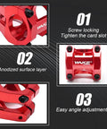 35mm Short Riser Handlebar Stem Lightweight Aluminum Alloy With 31.8mm Clamp And 28.6mm Fork Fit For MTB, Red Finish, features